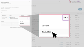 Document requests page in Xello. The side panel is open with a student's list of requests. The three-dot menu is open and the cursor is clicking Send form.